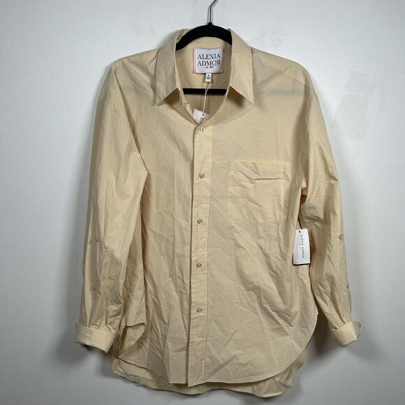 NWT Alexia Admor Amber Shirt Yellow Button Classic Cotton Top Women's Size M - Picture 2 of 9